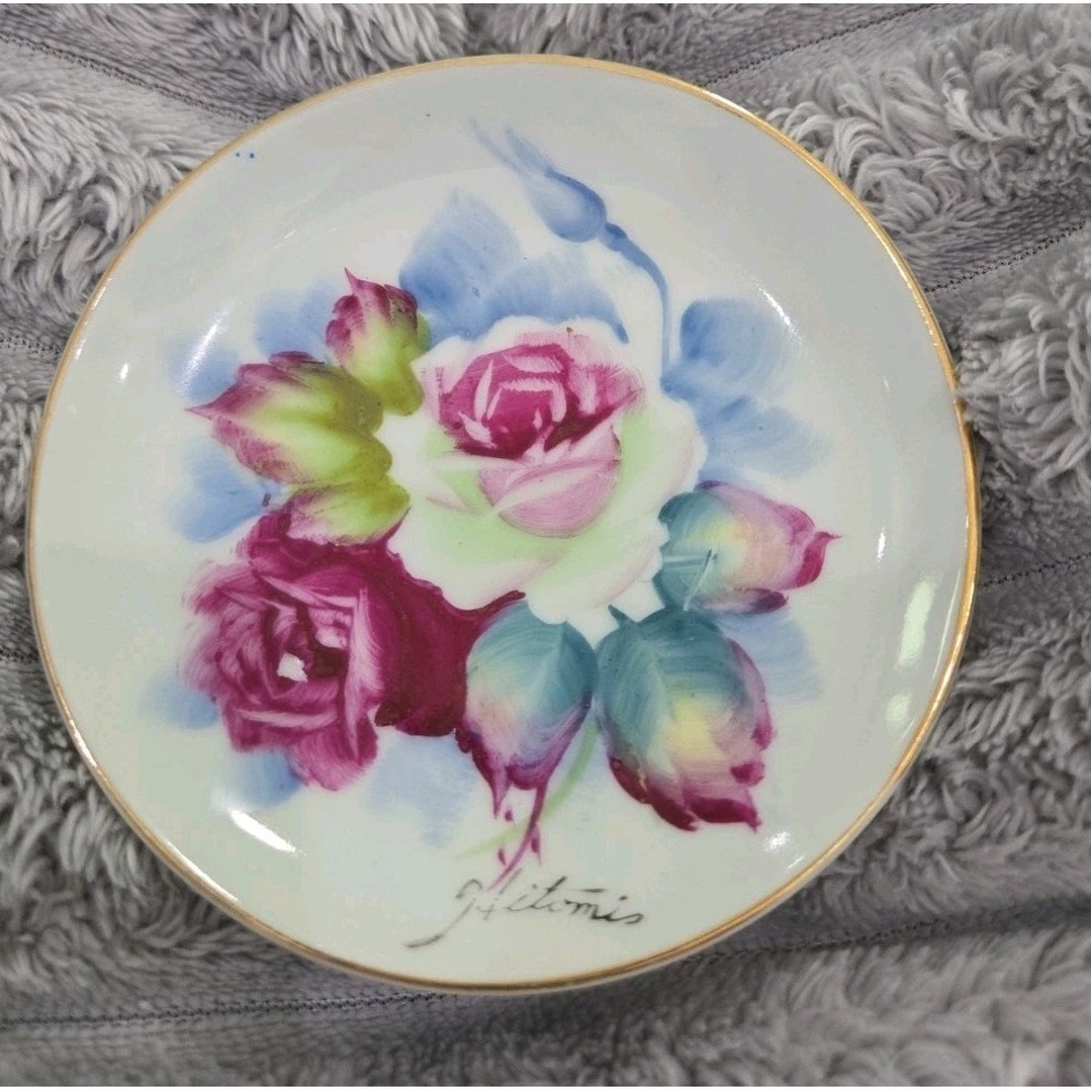 Vintage Hand Painted Japan Mini Plate Rose Floral Signed‎ J Hitomi Gold Rim 4in